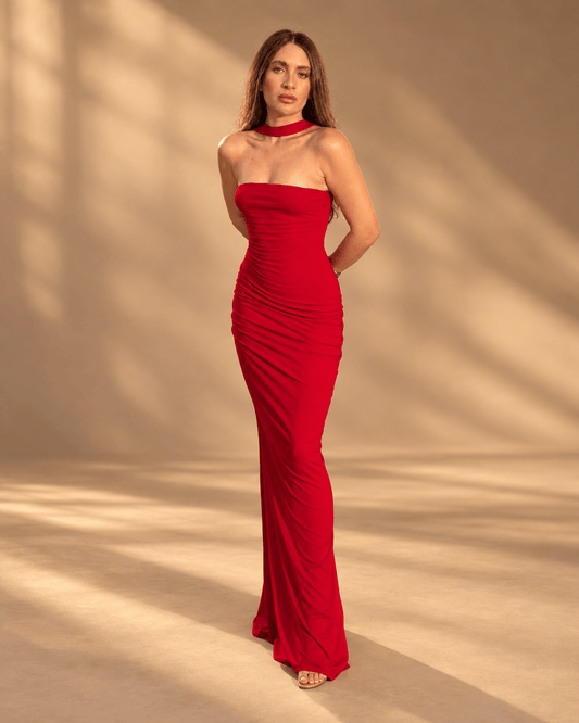 Red Strapless Halter Maxi Dress - Butonii