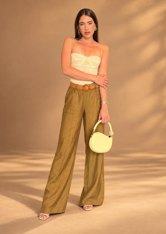 Olive Wide Leg Pants with Belt - Butonii