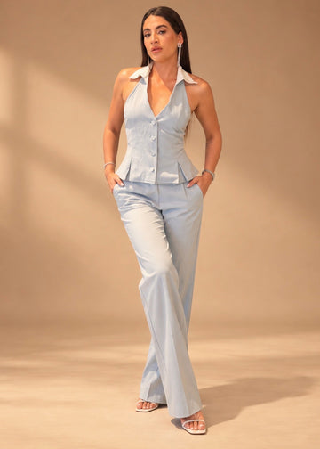 Powder Blue Halter Vest & Wide Leg Pants Set