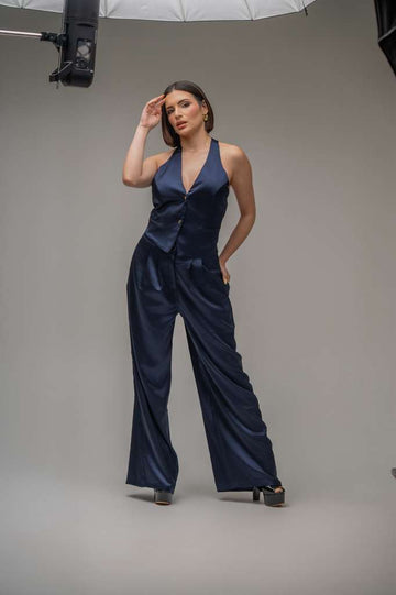 Navy Satin Set (backless vest + wide pants)