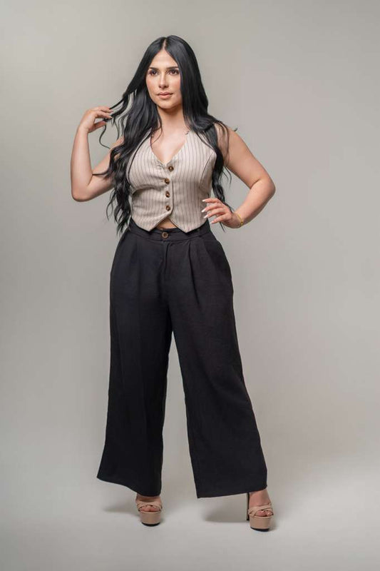 Neutral Vest + Black Pants Set